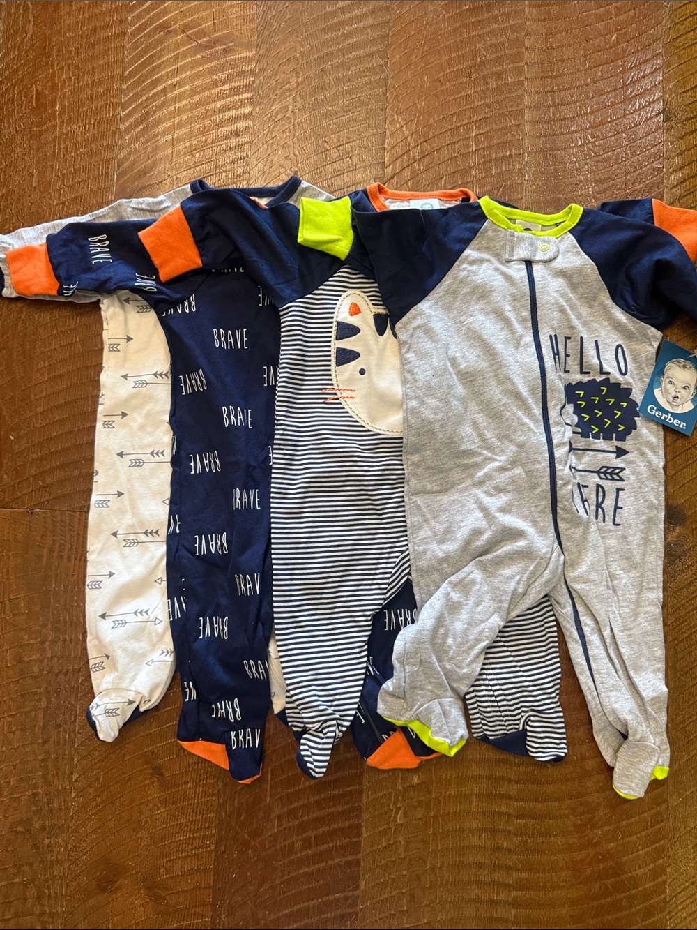 Bundle Gerber Navy, Gray, White & Orange Baby One-Piece Footies - 4 Pack